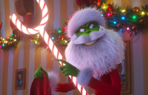 With the aid of mechanical candy cane, the Grinch (Benedict Cumberbatch), disguised as Santa, steals every bit of Christmas from the homes of Whoville in Dr. Seuss’ The Grinch from Illumination.